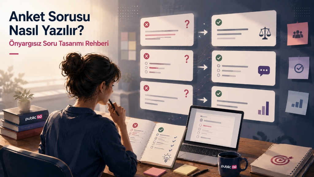 Anket sorusu nasıl yazılır? Önyargılı, karmaşık ve çift anlamlı sorular yerine; tarafsız, net ve tek konulu soru yazım tekniklerini gösteren rehber görsel.