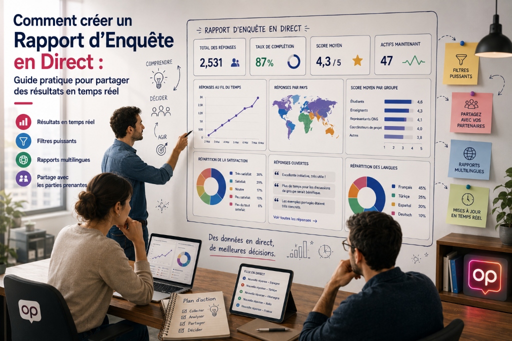 Une image de couverture éditoriale moderne montrant une équipe de professionnels examinant un grand tableau de bord interactif 'Rapport d'Enquête en Direct' avec des données en temps réel et des métriques de satisfaction.