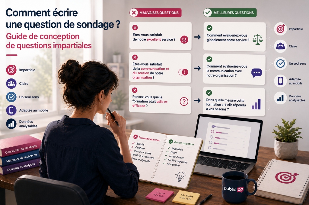 Comment rédiger des questions de sondage ? Un guide visuel montrant des techniques pour rédiger des questions impartiales, claires et à sujet unique au lieu de questions orientées, confuses et doubles.