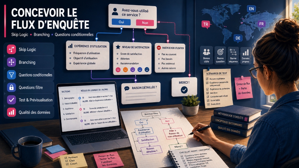 Conception du flux d'enquête : un organigramme montrant l'impact du skip logic, du branchement et des questions conditionnelles sur la qualité de la recherche.