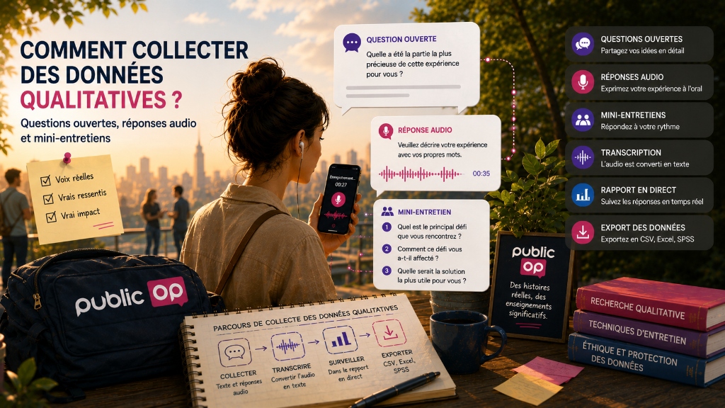 Méthodes de collecte de données qualitatives : guide visuel pour l'utilisation de questions ouvertes, de réponses audio et de mini-entretiens.