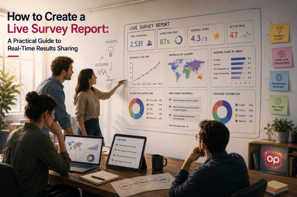 A modern editorial cover image showing a team of professionals looking at a large interactive dashboard titled 'Live Survey Report' with real-time response data, charts, and satisfaction metrics.