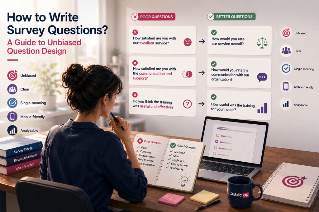 How to write survey questions? A guide showing techniques to write unbiased, clear, and single-topic questions instead of leading, confusing, and double-barreled ones.
