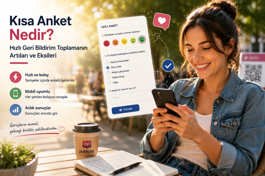 Açık hava kafesinde akıllı telefonuyla etkileşim halinde olan genç bir kadını ve ön planda hızlı geri bildirim seçenekleri, emojiler ve QR kod standı içeren canlı bir 'Kısa Anket' kullanıcı arayüzünü gösteren modern editoryal kapak görseli.