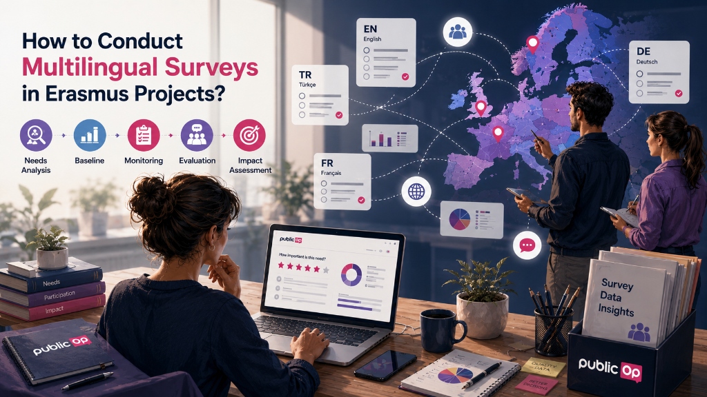 A research visual demonstrating the use of multilingual surveys in Erasmus projects for needs analysis, monitoring, and impact assessment.