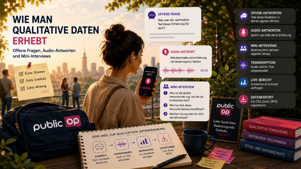 Methoden der qualitativen Datenerhebung: Eine visuelle Anleitung zur Nutzung offener Fragen, Audioantworten und Mini-Interviews.