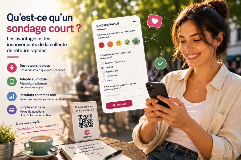 Une image de couverture éditoriale moderne et lumineuse montrant une jeune femme engagée utilisant son smartphone à la terrasse d'un café, avec une superposition d'interface 'Sondage Court' vibrante présentant des options de retour rapide, des émojis et un support de code QR au premier plan.