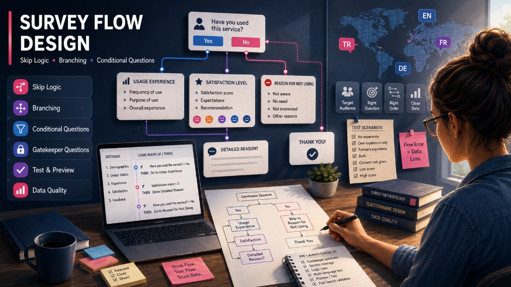 Survey flow design: A flowchart demonstrating the impact of skip logic, branching, and conditional questions on research quality.