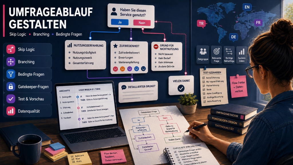 Umfrageablauf gestalten: Ein Flussdiagramm, das die Auswirkungen von Skip Logic, Verzweigung und bedingten Fragen auf die Forschungsqualität zeigt.