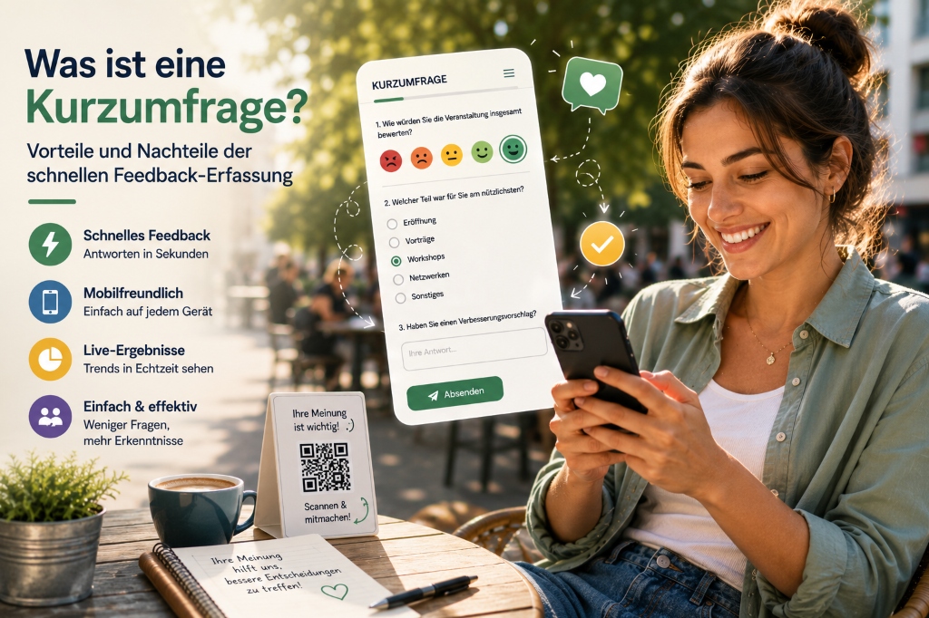 Ein helles, modernes redaktionelles Titelbild, das eine engagierte junge Frau zeigt, die ihr Smartphone in einem Straßencafé benutzt, mit einem lebendigen 'Kurzumfrage'-UI-Overlay, das schnelle Feedback-Optionen, Emojis und einen QR-Code-Aufsteller im Vordergrund zeigt.