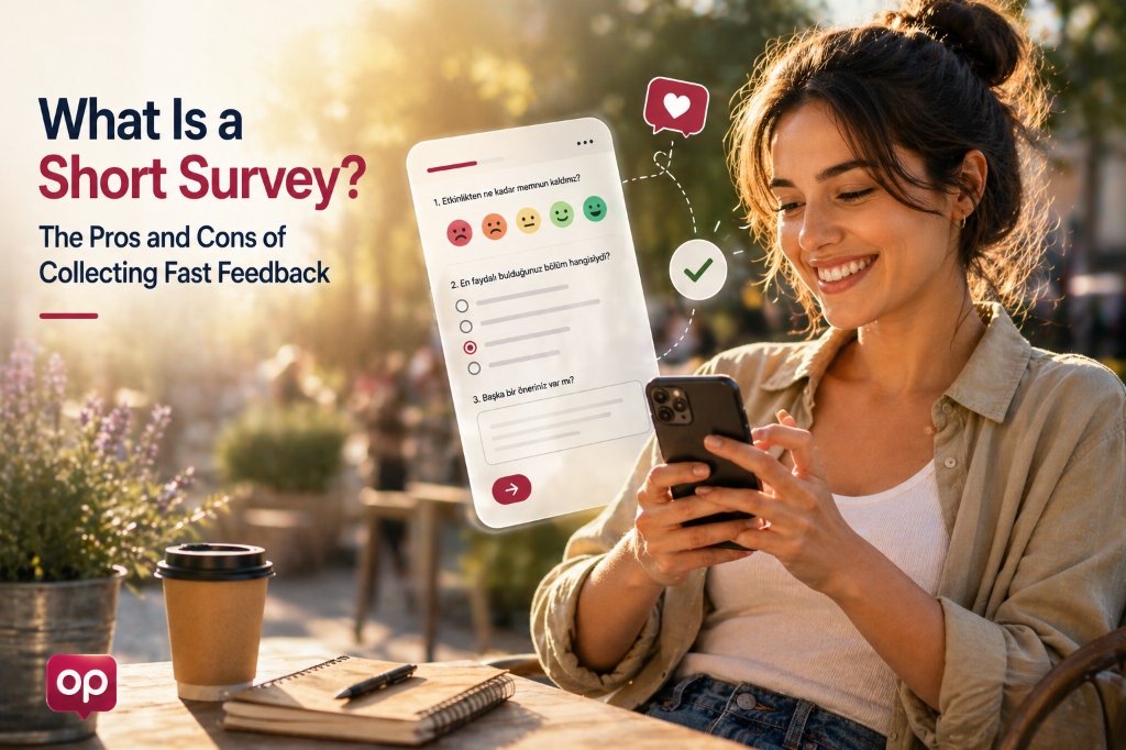 A bright, modern editorial cover image showing an engaged young woman using her smartphone at an outdoor cafe, with a vibrant 'Short Survey' UI overlay featuring quick feedback options, emojis, and a QR code stand in the foreground.