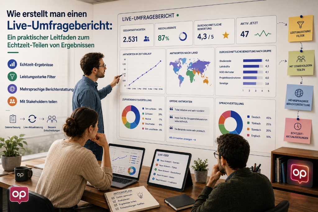 Ein modernes redaktionelles Titelbild, das ein professionelles Team zeigt, welches ein großes interaktives 'Live-Umfragebericht'-Dashboard mit Echtzeitdaten und Zufriedenheitsmetriken analysiert.