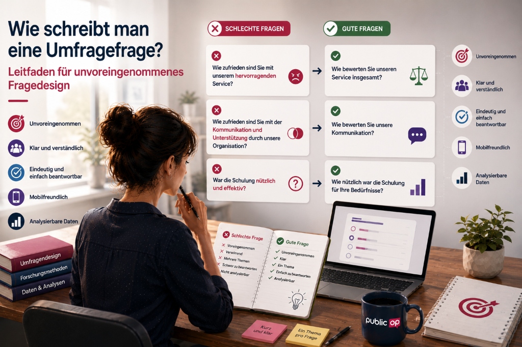 Wie schreibt man Umfragefragen? Ein Leitfaden, der Techniken zum Verfassen unvoreingenommener, klarer und themenspezifischer Fragen anstelle von suggestiven, verwirrenden und doppeldeutigen Fragen aufzeigt.